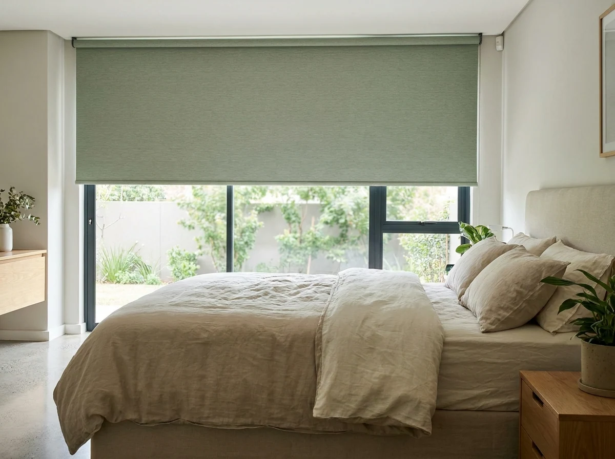 Sage-green blockout roller blind lowered fully over a main bedroom window, made bed with neutral linen in the foreground