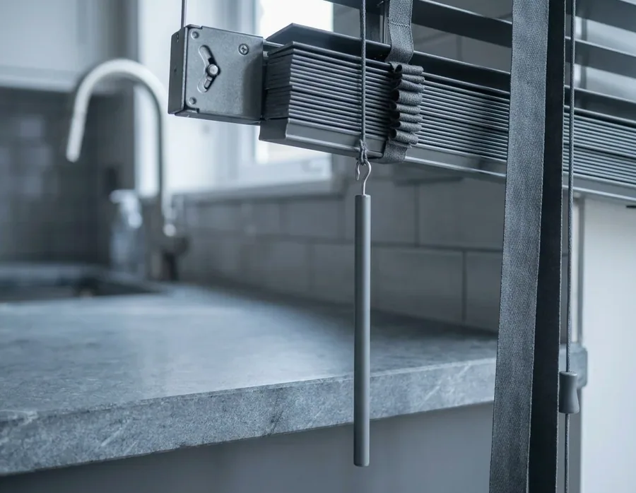 Close-up of a venetian blind headrail and tilt mechanism being serviced above a kitchen counter
