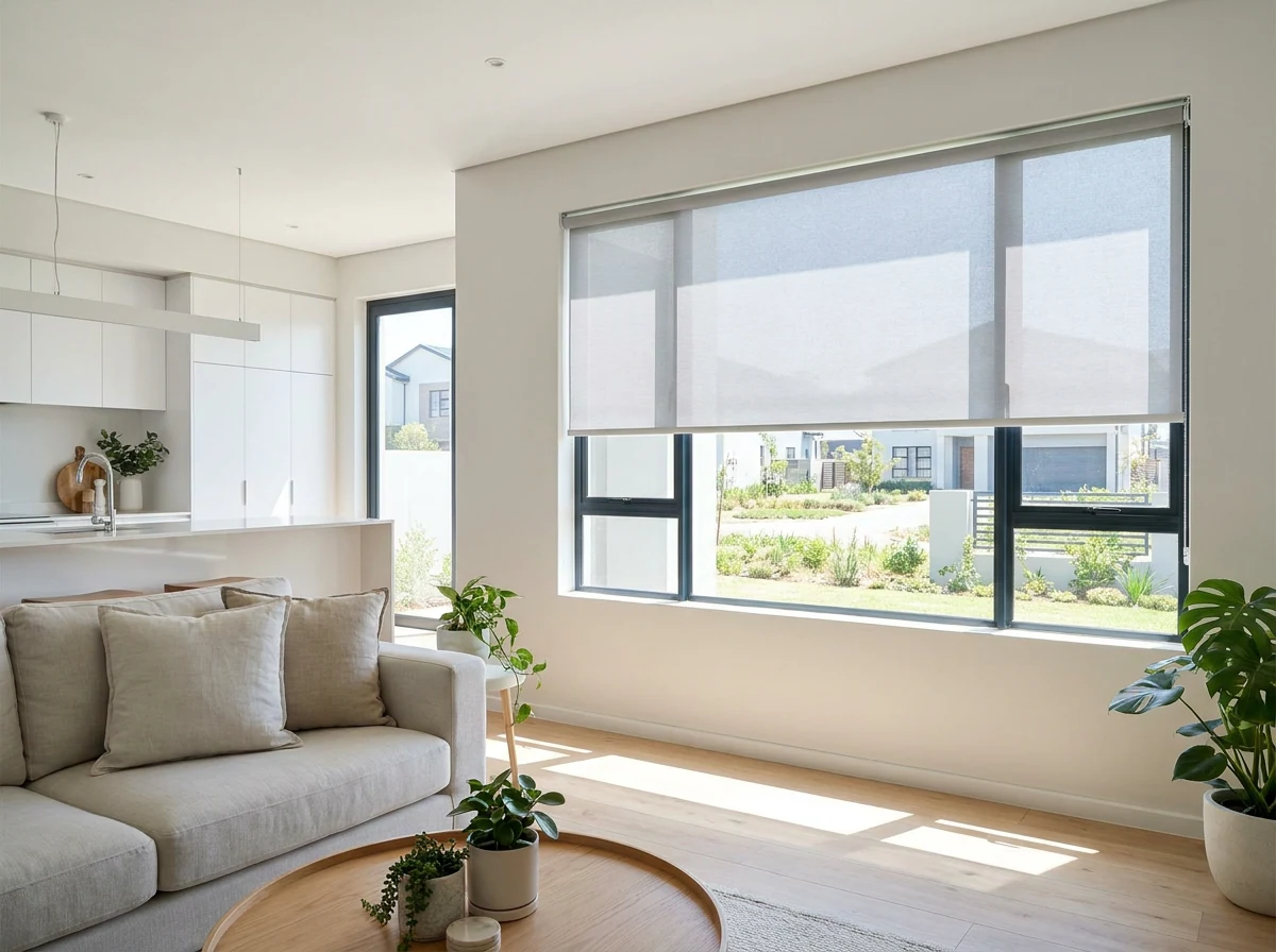 Bright open-plan lounge with a pale grey blockout roller blind lowered halfway, typical of a new-build cluster home in Broadacres and Cedar Lakes