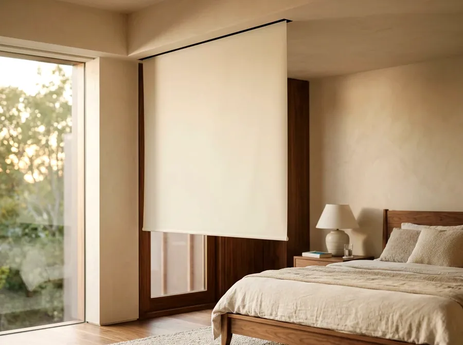 Roller blind dropping from a concealed ceiling recess in a bedroom, headbox hidden in the bulkhead