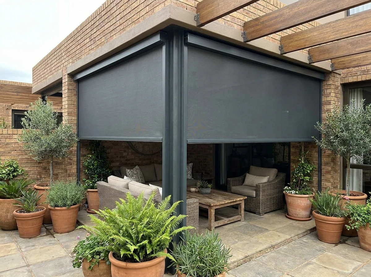 Covered courtyard patio corner with outdoor zip screens partially lowered on two sides, enclosing a seating area