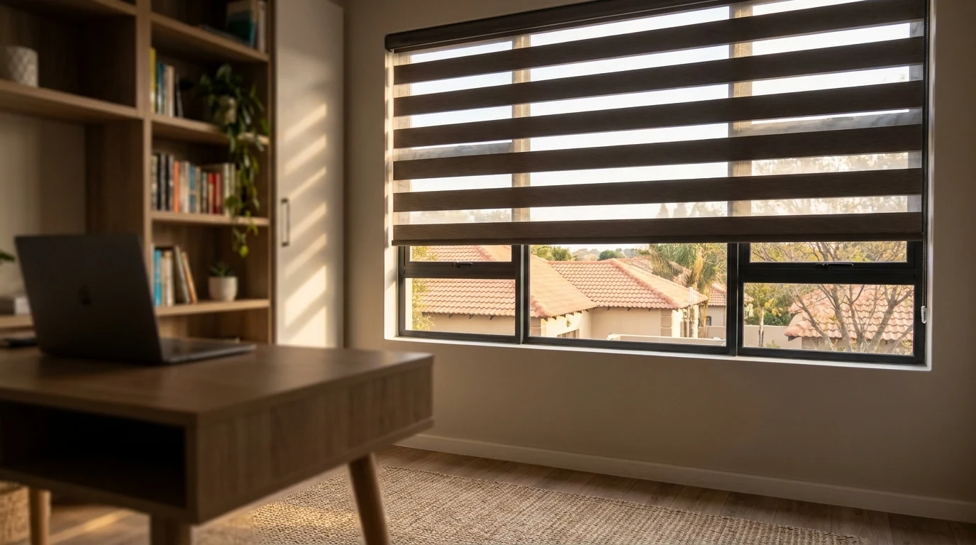 Home office nook with a day/night zebra blind half-open, alternating sheer and solid bands filtering the afternoon light