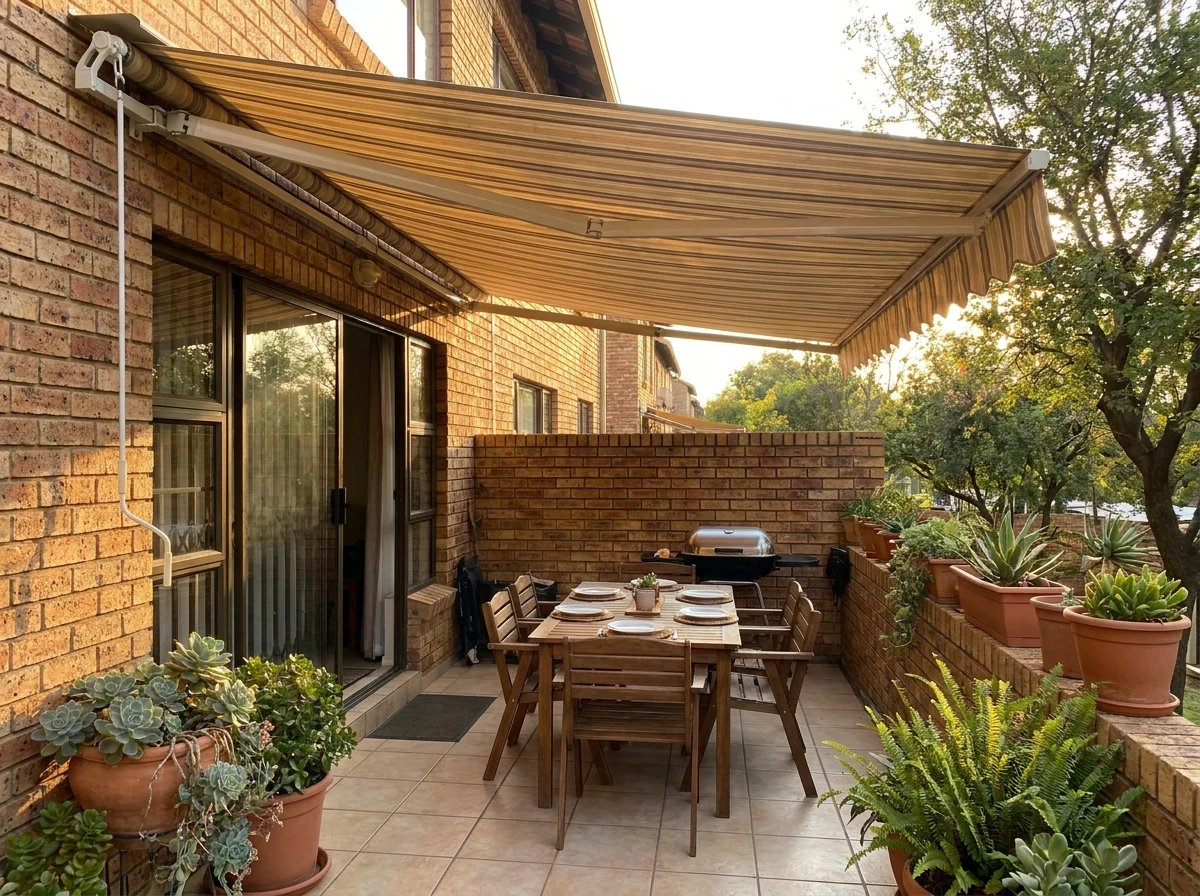 Folding-arm awning extended over a complex braai corner, fabric canopy shading an outdoor dining table