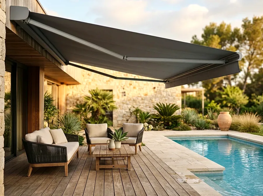 Folding-arm awning extended on its folding arms over a deck, fabric canopy reaching out from the wall with no posts underneath