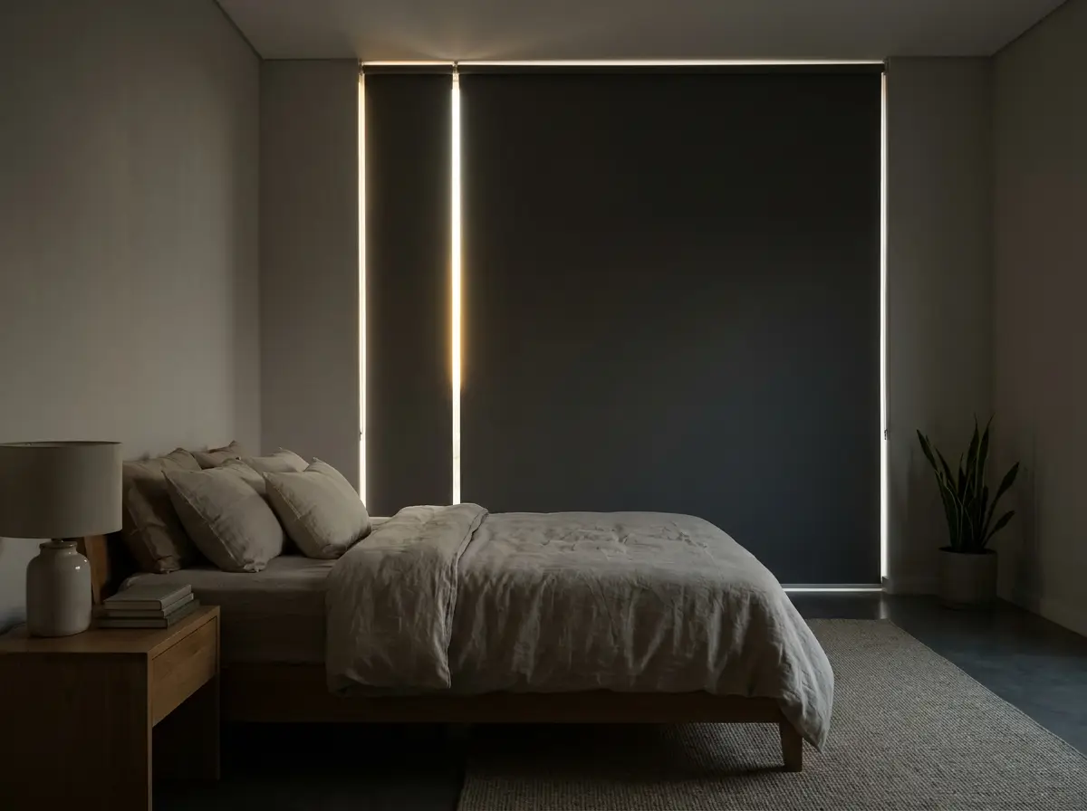 Dim Lonehill bedroom at dawn with a dark blockout roller blind lowered fully over the window, only a thin sliver of sunrise light showing at each edge