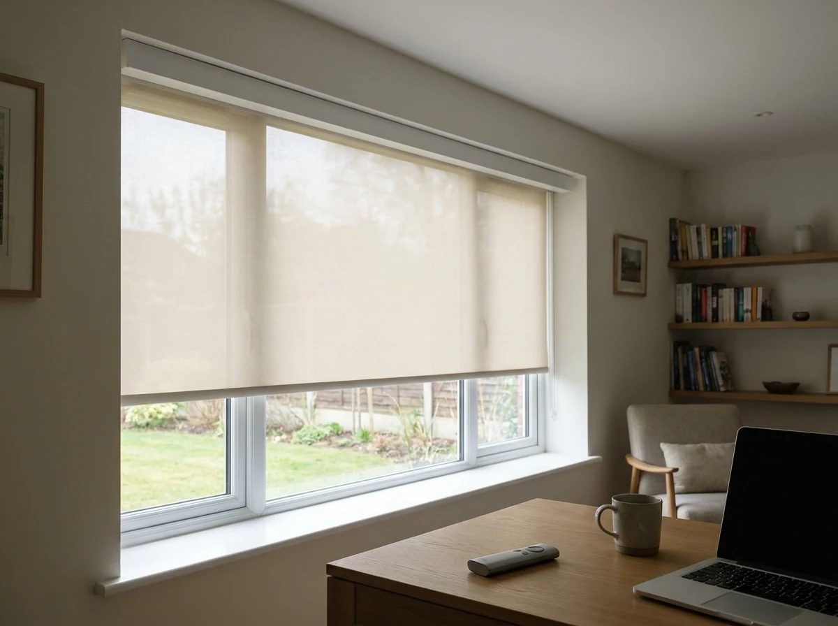Home study window fitted with a motorised roller blind lowered halfway, its slim handheld remote resting on the desk