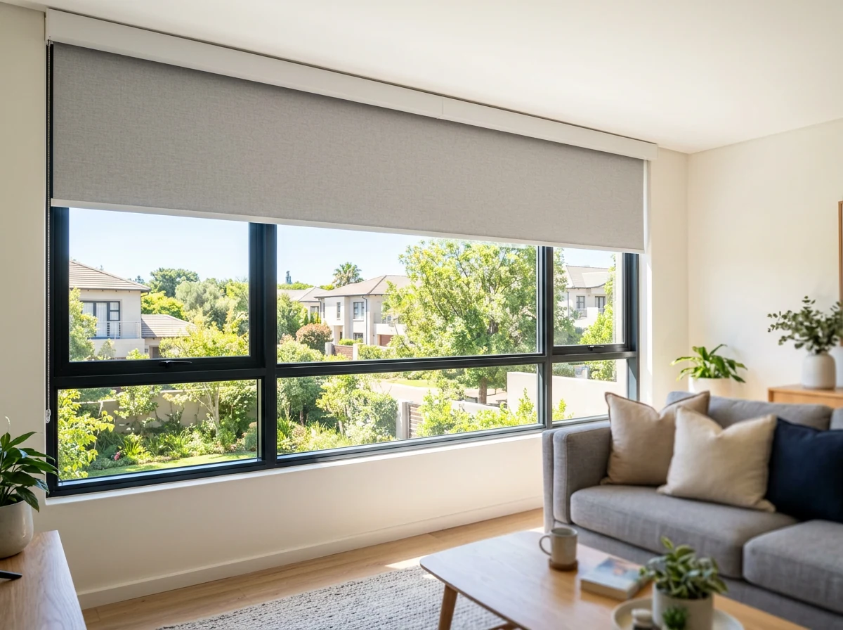 Wide living-room window fitted with a motorised roller blind lowering partway, clean cordless headbox