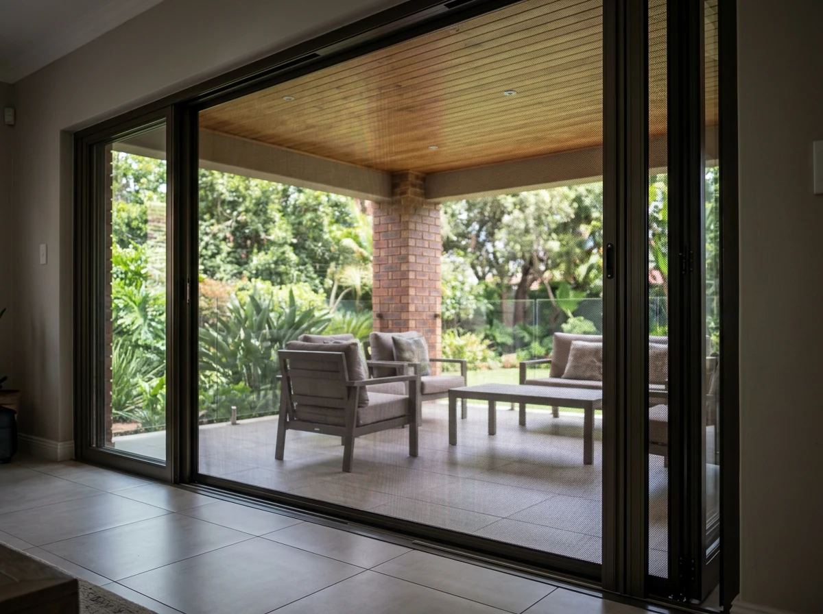 Covered patio viewed from inside looking out through an outdoor zip screen of taut mesh, filtered daylight and garden greenery beyond