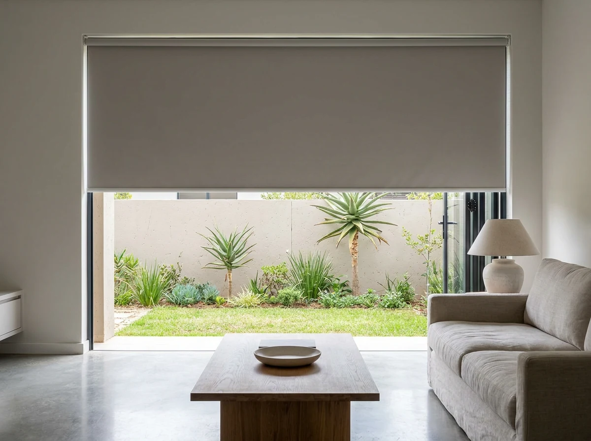 Neutral grey blockout roller blind lowered halfway over a living-room window, soft daylight diffusing through the fabric edge