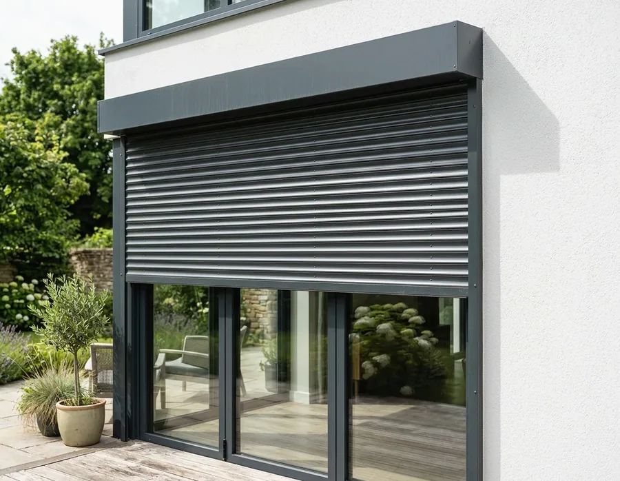 External aluminium roller shutter rolled down from its headbox over sliding doors on the outside of a home