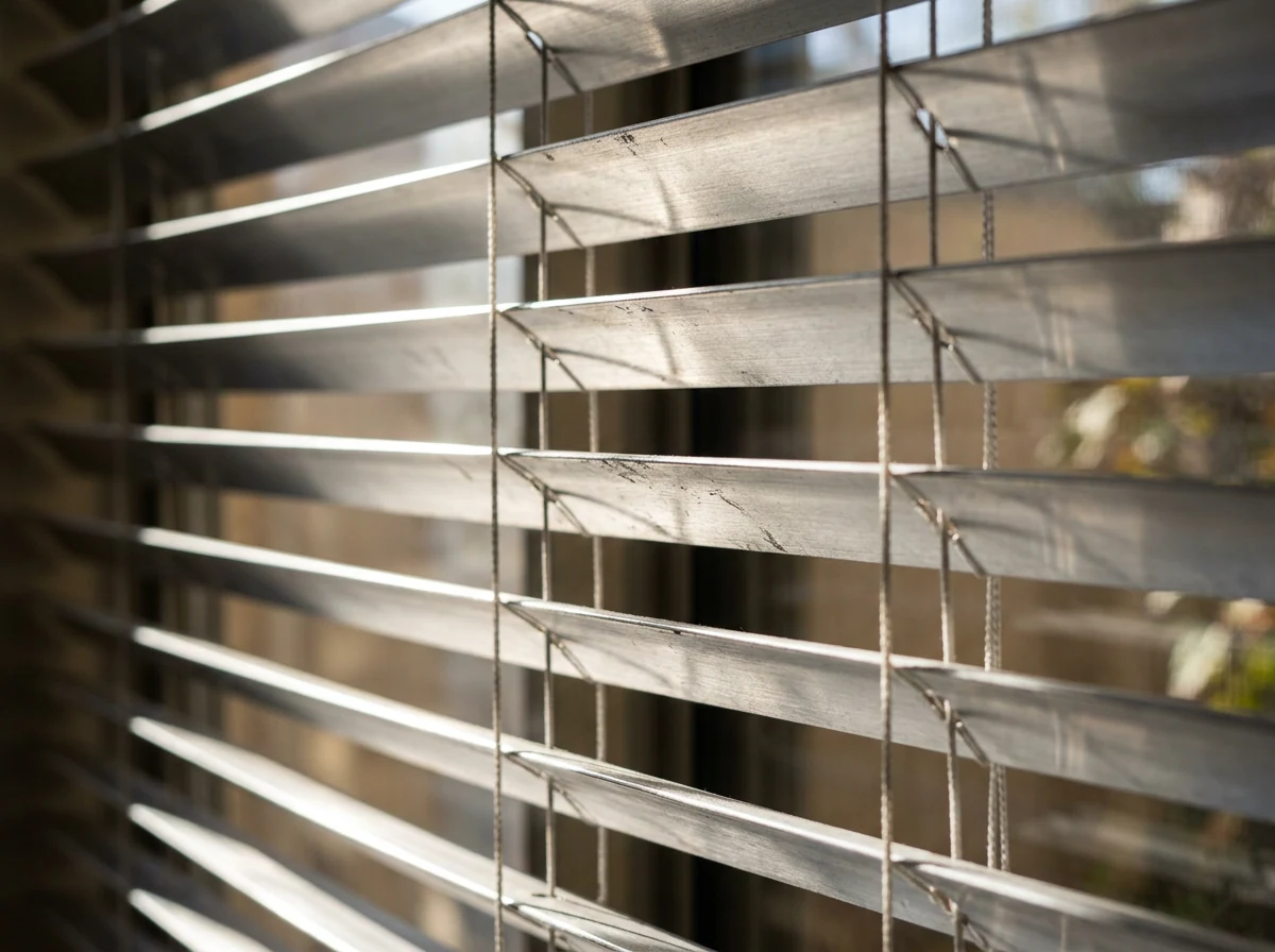 Extreme close-up of aluminium venetian blind slats tilted at a steep angle, afternoon light streaking across the metallic surface