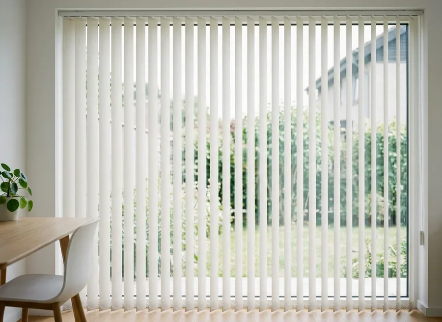 Vertical blind vanes hanging across a wide sliding door onto a garden