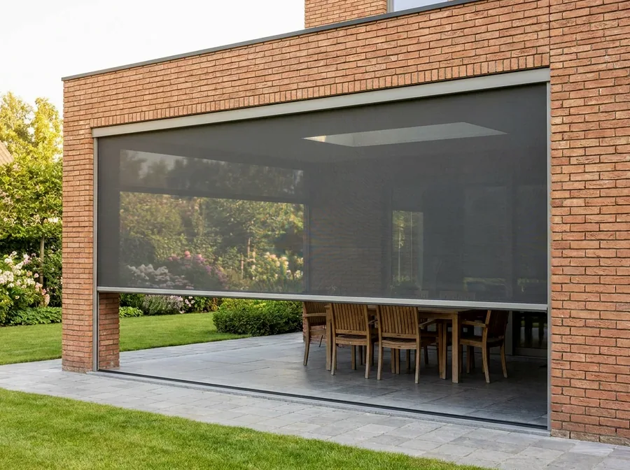 Outdoor zip screen of taut mesh held in side channels across a covered patio opening